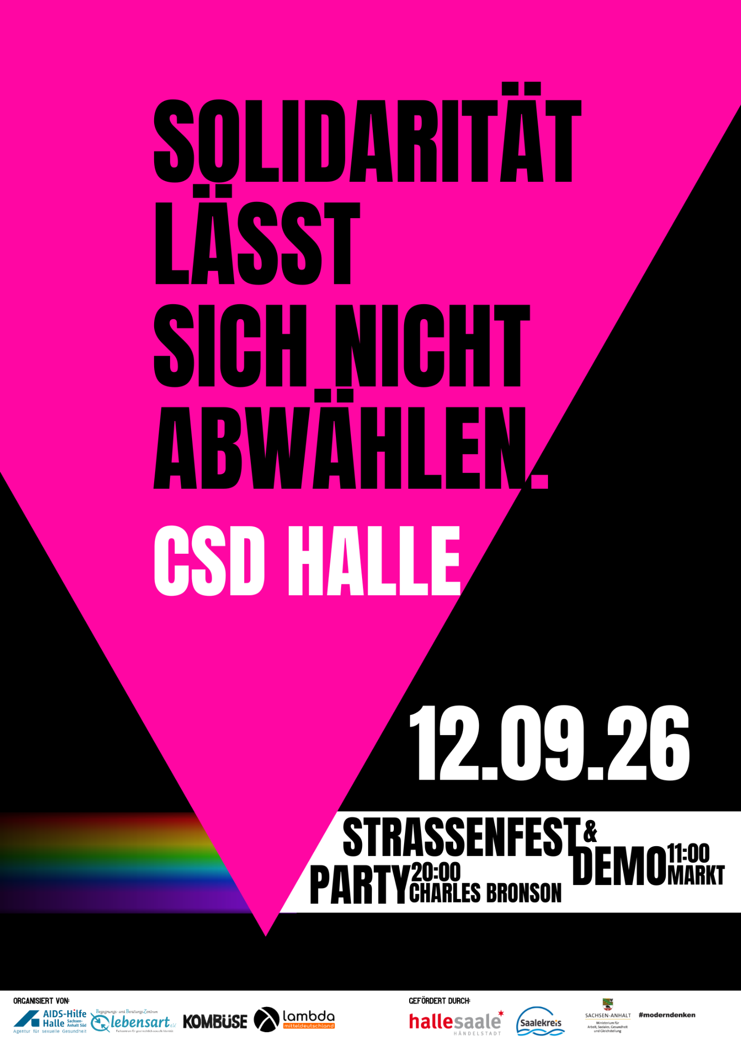 Jahresmotiv 2026 des CSD Halle: 12.09.2026 – Solidarität lässt sich nicht abwählen.