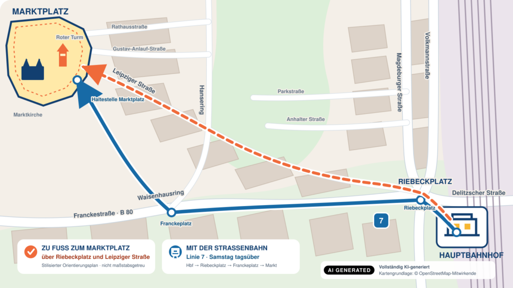 Orientierungsplan: Vom Hauptbahnhof Halle zu Fuß oder mit der Straßenbahnlinie 7 zum Marktplatz